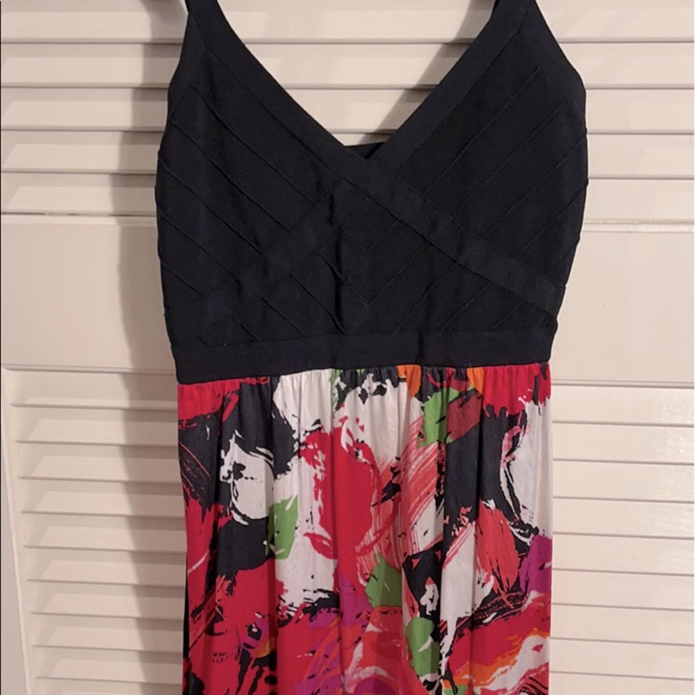 Bebe Tank Style Sundress like new, multi color w/ ruffled knee length hem. Sz M